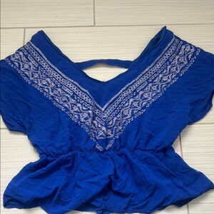miami Royal Blue Women's Peplum Top with White Embroidery